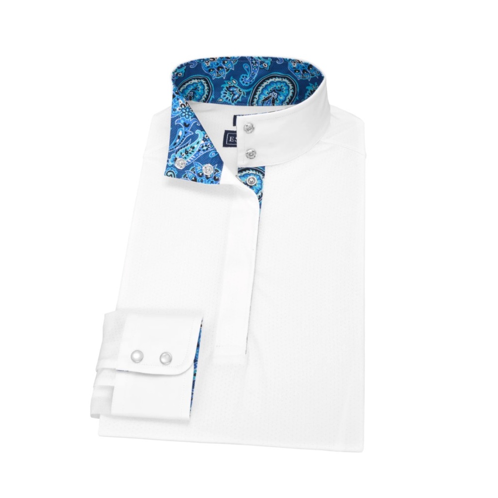 ESSEX Classics Talent Yarn Women’s White Show Shirt with Blue Paisley Accents